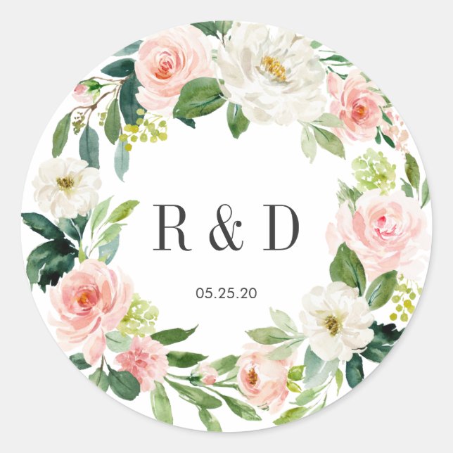 Blush White Bloom Floral Wreath Monogram Classic Round Sticker (Front)