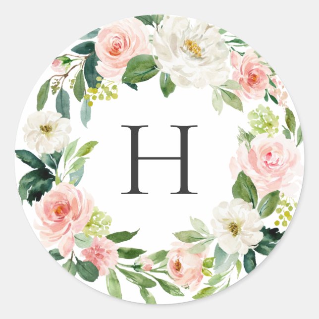 Blush White Bloom Floral Wreath Monogram Classic Round Sticker (Front)