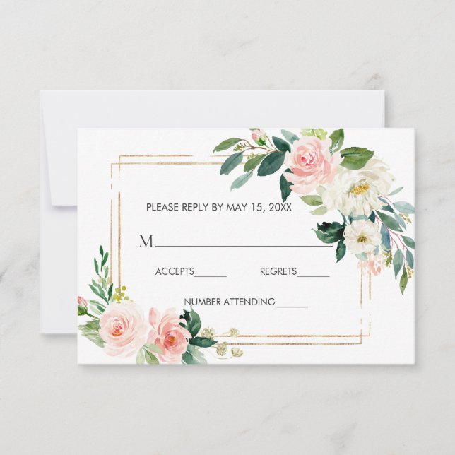 Blush White Bloom Gold Frame Floral Wedding RSVP Card (Front)