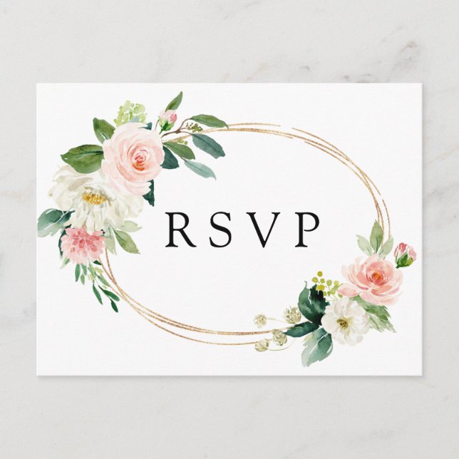 Blush White Bloom Gold Frame Floral Wedding RSVP Invitation Postcard (Front)