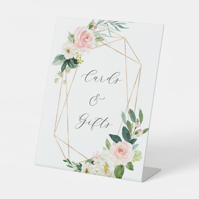Blush White Bloom Gold Frame Wedding Cards & Gifts Pedestal Sign (Front)