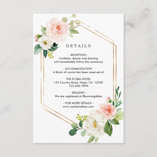 Blush White Bloom Gold Frame Wedding Details Enclosure Card (Front)
