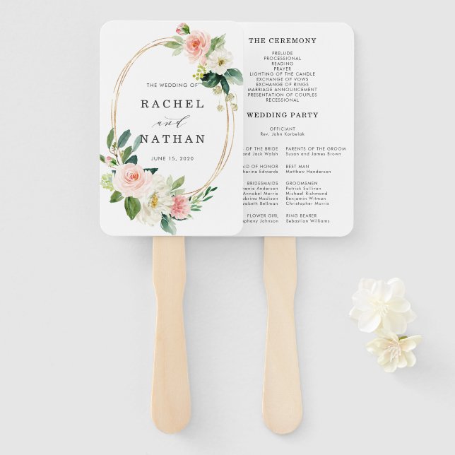Blush White Bloom Gold Frame Wedding Program Hand Fan (Front and Back)