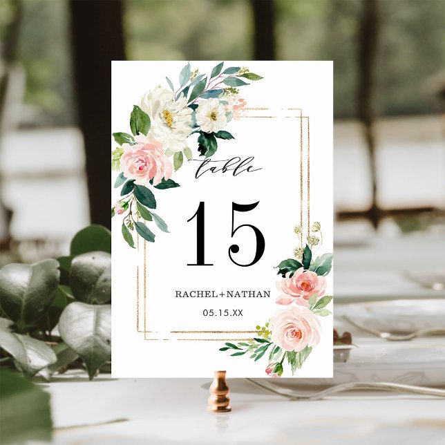 Blush White Bloom Gold Frame Wedding Table Number (Creator Uploaded)