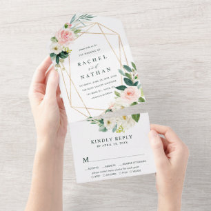 Blush White Bloom Gold Geometric Frame Wedding All In One Invitation