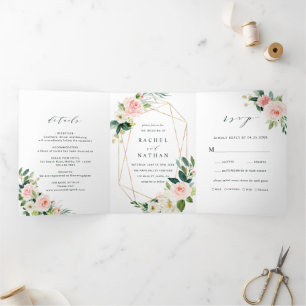 Blush White Bloom Gold Geometric Frame Wedding  Tri-Fold Invitation