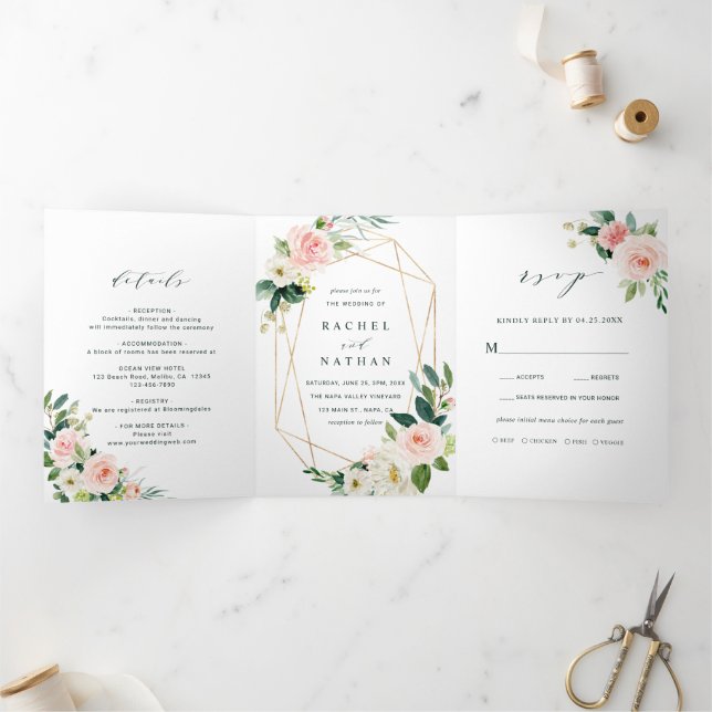 Blush White Bloom Gold Geometric Frame Wedding  Tri-Fold Invitation (Inside)