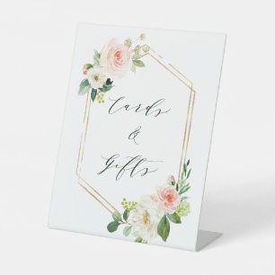 Blush White Bloom Gold Hexagon Frame Cards & Gifts Pedestal Sign