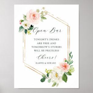 Blush White Bloom Gold Hexagon Frame Open Bar Poster