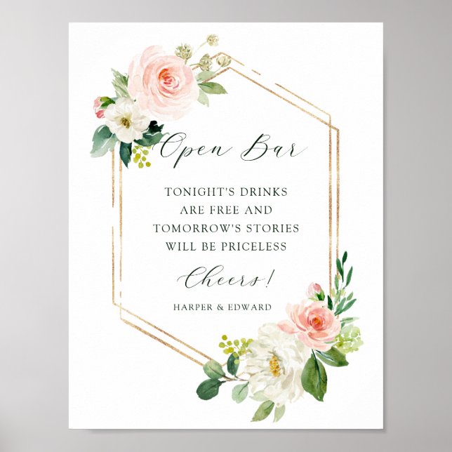 Blush White Bloom Gold Hexagon Frame Open Bar  Poster (Front)