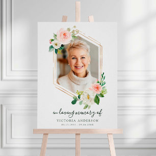 Blush White Bloom Gold Hexagon Funeral Welcome  Poster