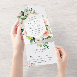 Blush White Bloom Hexagon Wedding All In One Invitation