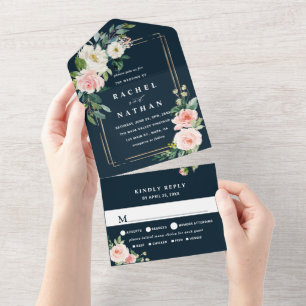 Blush White Bloom Navy Blue Gold Frame Wedding  All In One Invitation
