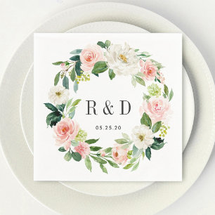 Blush White Bloom Watercolor Floral Wreath Wedding Napkin