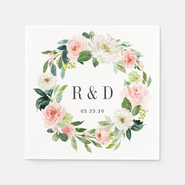 Blush White Bloom Watercolor Floral Wreath Wedding Napkin (Front)