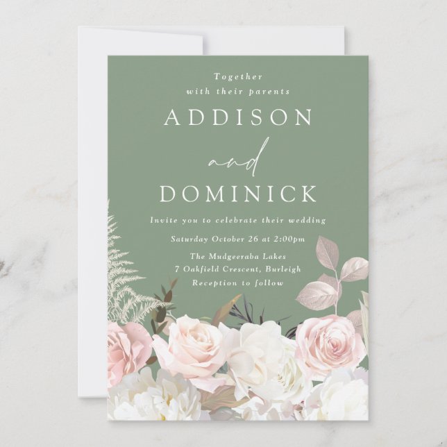 Blush White Botanical Roses Sage Green Wedding Invitation (Front)