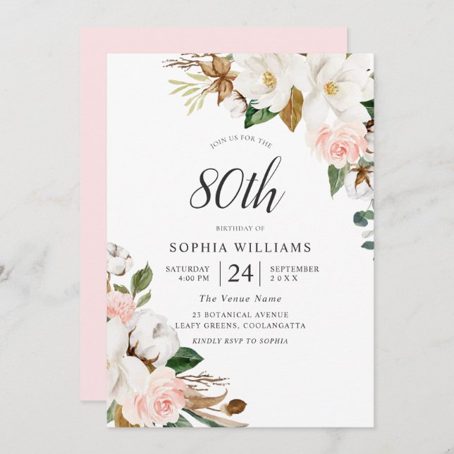 Blush White Elegant Flowers 80th Birthday Party Invitation (Front/Back)