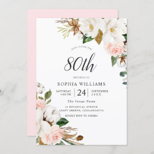 Blush White Elegant Flowers 80th Birthday Party Invitation