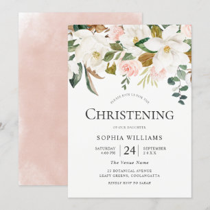 Blush & White Floral Beautiful Christening Baptism Invitation