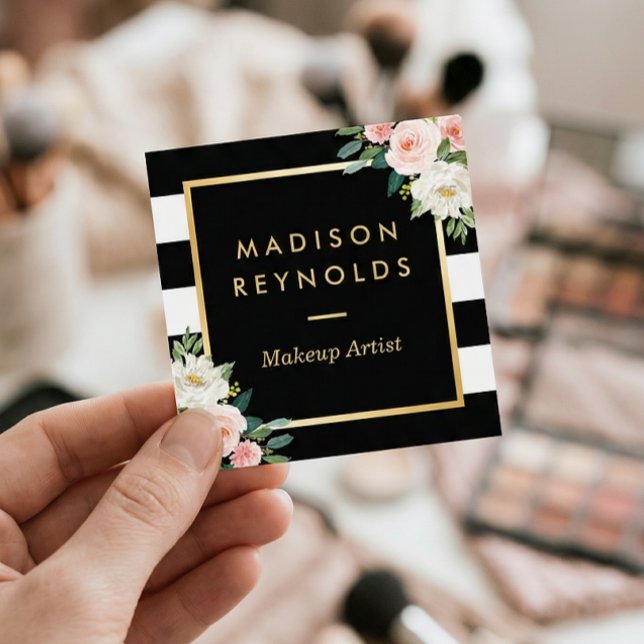 Blush White Floral Gold Frame Black White Stripes Square Business Card (Creator Uploaded)