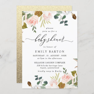 Blush & White Floral Gold Glitter Baby Shower Invitation