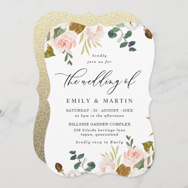 Blush & White Floral Gold Glitter Wedding Invitation (Front/Back)