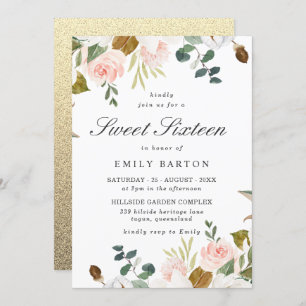 Blush & White Floral With Gold Glitter Sweet 16 Invitation