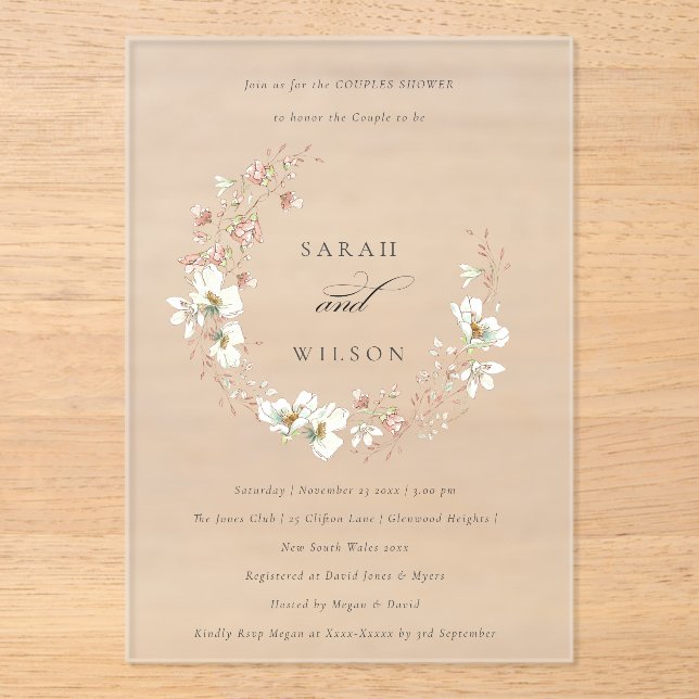 Blush White Floral Wreath Couples Shower Invite Acrylic Invitations (Front)