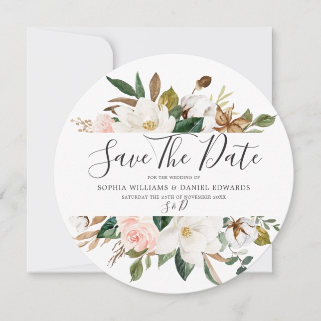 Blush & White Florals Elegant Modern Wedding Save The Date (Front)