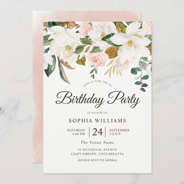 Blush & White Flowers All Years Birthday Party Invitation (Front/Back)
