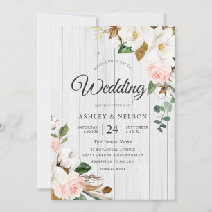Blush & White Flowers Elegant White Wood Wedding Invitation