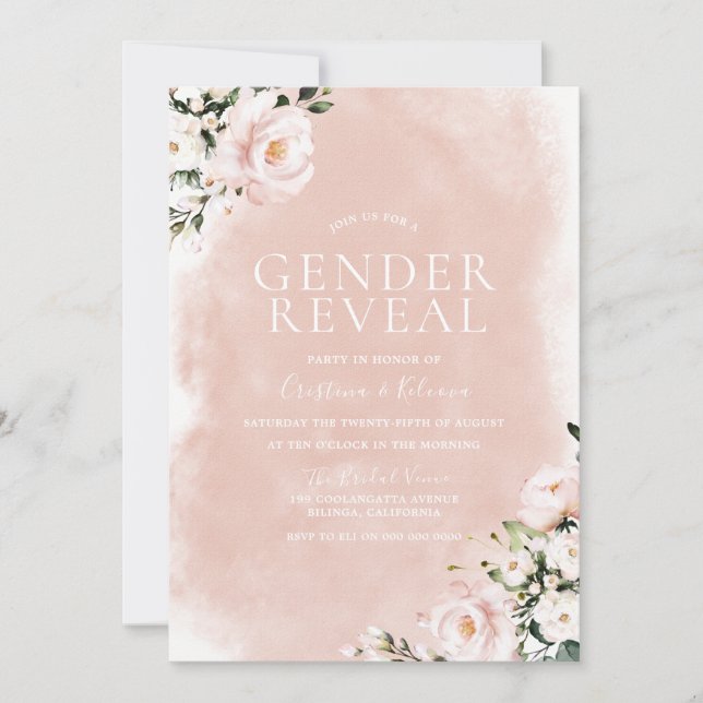 Blush White Flowers Gender Reveal Party Invitation (Front)