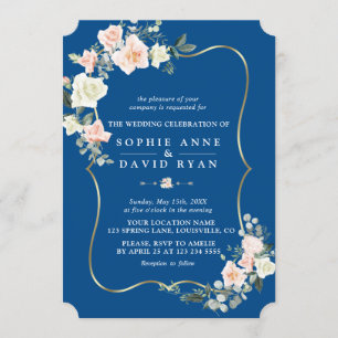 Blush White Flowers Gold Classic Blue Wedding Invitation