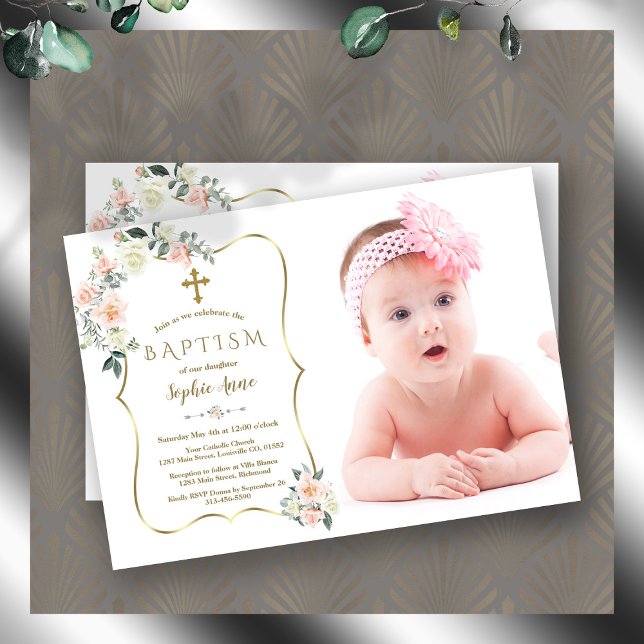 Blush White Flowers Gold Frame Photo Baptism Invitation (white pink flowers baptism, trendy floral gold girl photo baptism, blush white floral photo baptism)