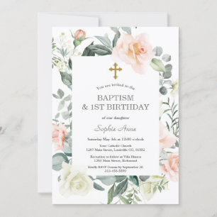 Blush White Flowers Gold Girl 1st Birthday Baptism Invitation