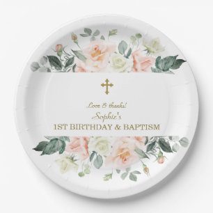 Blush White Flowers Gold Girl 1st Birthday Baptism Paper Plate
