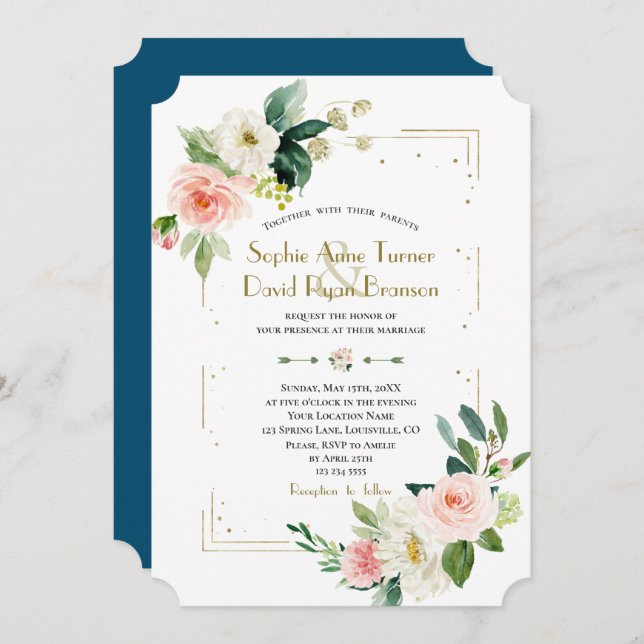 Blush White Flowers Gold Glitter Wedding Invitation (Front/Back)