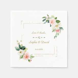 Blush White Flowers Gold Glitter Wedding Napkin