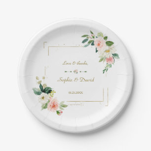 Blush White Flowers Gold Glitter Wedding Paper Plate