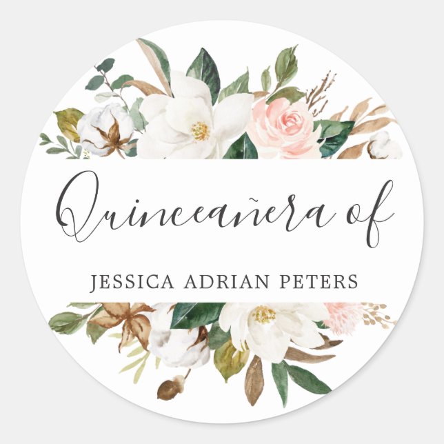 Blush & White Flowers Quinceanera Party Favour Classic Round Sticker (Front)