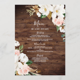 Blush & White Flowers Rustic Wood Wedding Dinner Menu