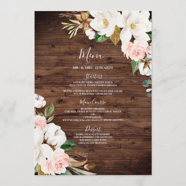 Blush & White Flowers Rustic Wood Wedding Dinner Menu (Front)