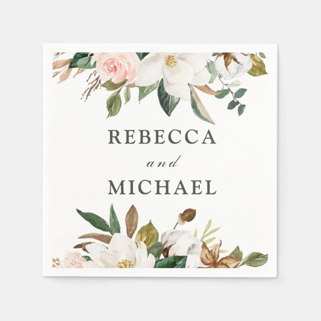 Blush & White Flowers Wedding Reception or Party Napkin (Front)