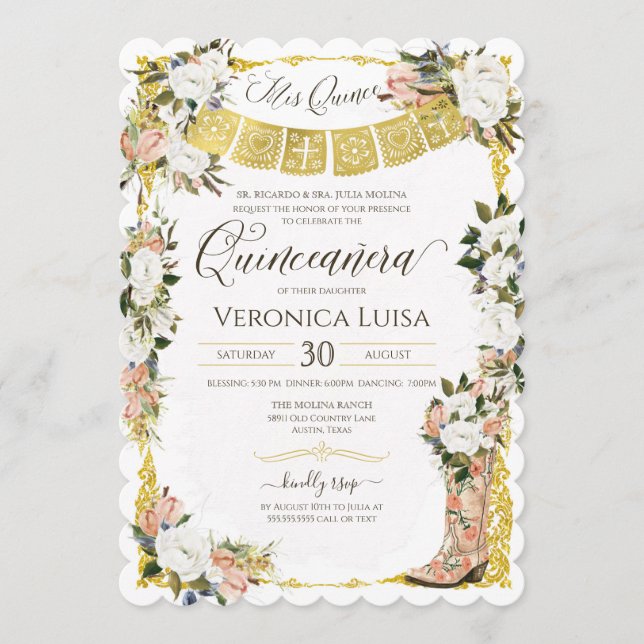 Blush White Gold Charro Floral Boot Quinceanera Invitation (Front)
