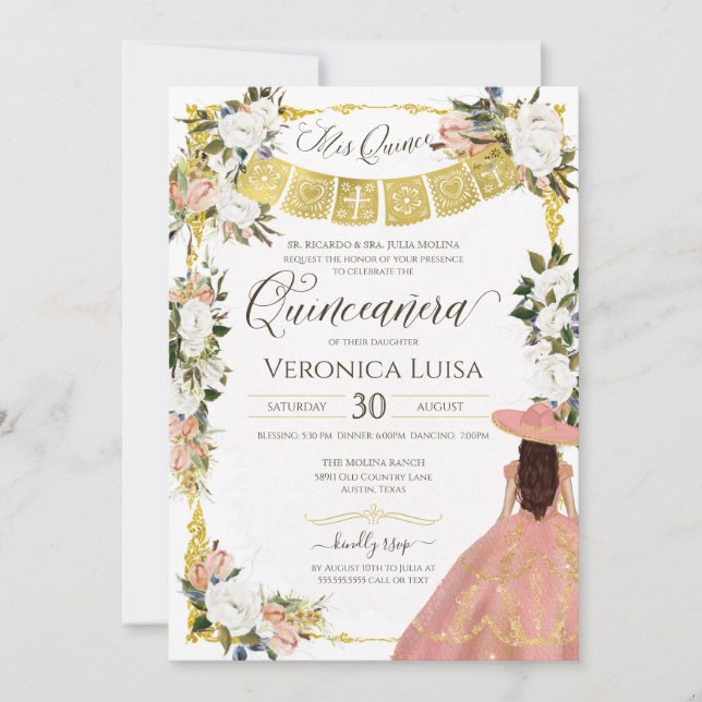 Blush White Gold Charro Floral Dress Quinceanera I Invitation (Front)
