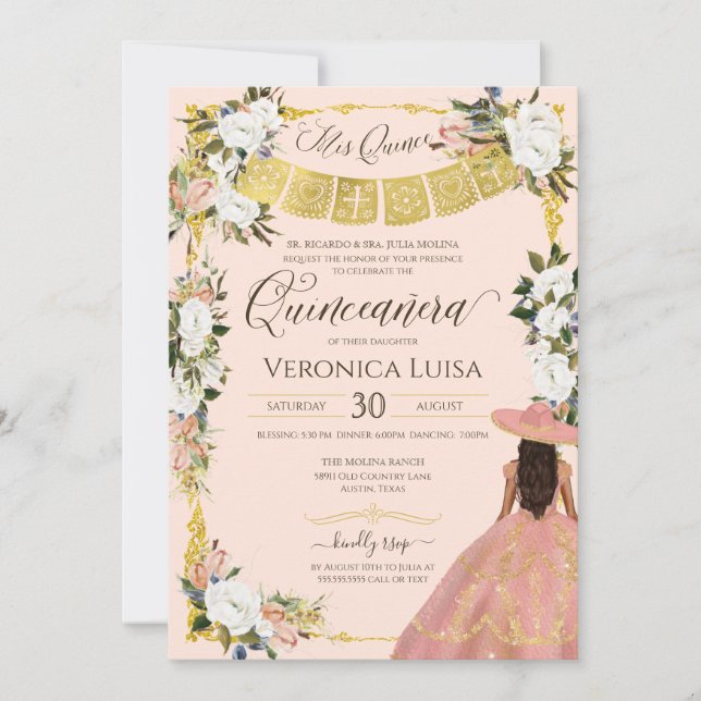 Blush White Gold Charro Floral Dress Quinceanera I Invitation (Front)