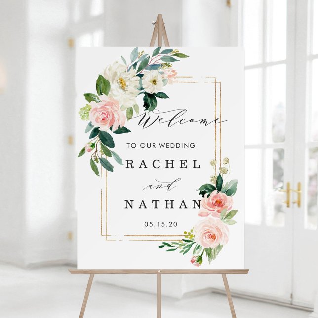 Blush White Gold Frame Floral Wedding Welcome Sign (Creator Uploaded)