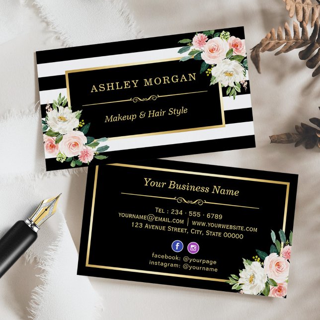 Blush White Green Floral Black White Stripes Business Card (Creator Uploaded)