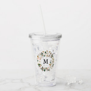 Blush & White Magnolia Watercolor Wreath Monogram Acrylic Tumbler