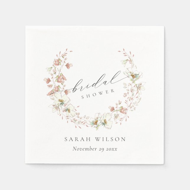 Blush White Meadow Floral Wreath Bridal Shower Napkin (Front)